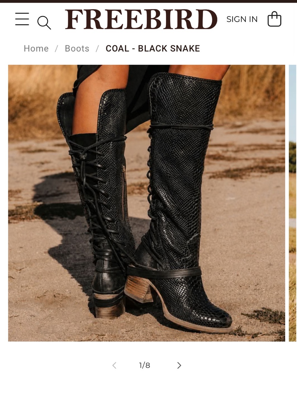 FREEBIRD Coal Boots- Black Snake Knee-High Lace-Up Boots